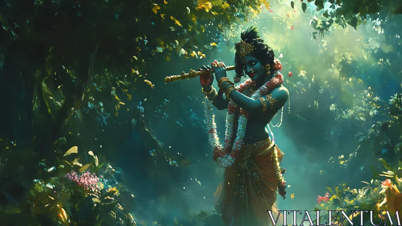 Divine flute player stands in glowing forest clearing.