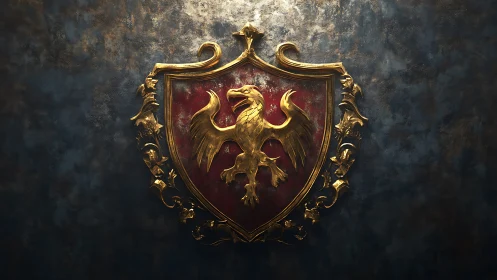 Gilded heraldic eagle crest on red shield with baroque frame.