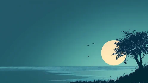 Moonrise hush serenades a lone tree above teal waters