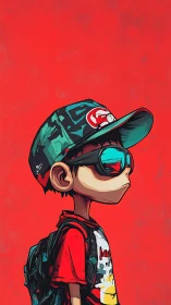 Stylized streetwear kid in sunglasses on bold red backdrop.