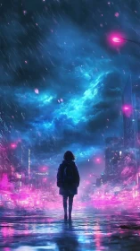 Backlit wanderer in neon-saturated stormfront convergence.