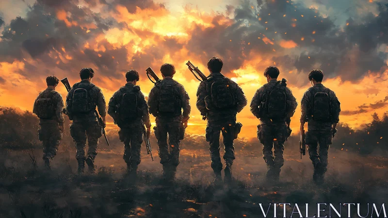 Soldiers walking in formation under a dramatic sunset sky.