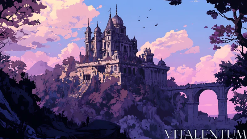 Sunset castle rises above forested cliffs in dreamy light
