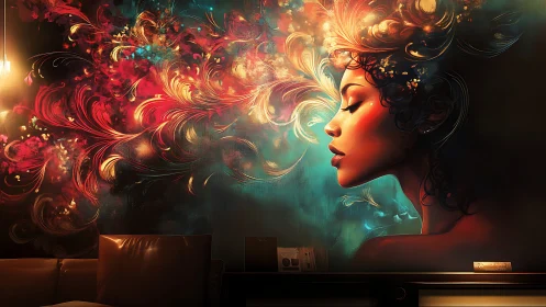Colorful female portrait mural with swirling abstract light.