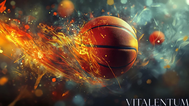 High-velocity basketball in fiery motion blur and plasma trails