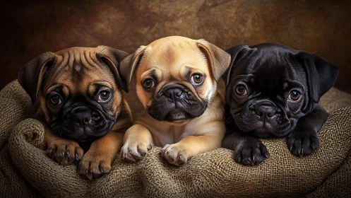 Three pug puppies rest on burlap under warm studio light.