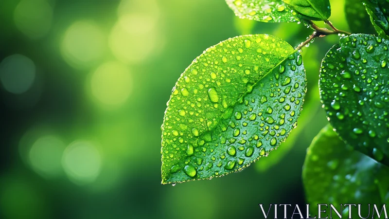 Morning raindrops sparkle gently across fresh green leaves