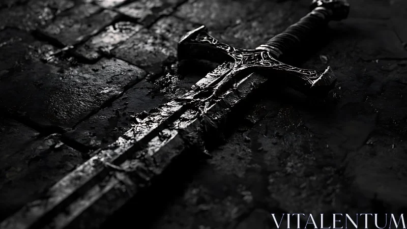 Dark metal sword resting on wet stone pavement at night.