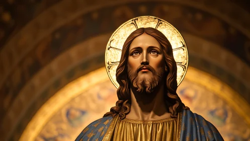 Golden halo portrait of serene sacred figure in prayerful light.