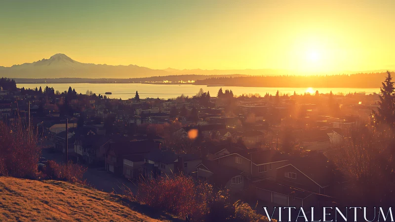 Sunlit suburban bay glows beneath distant snow-capped mountain.