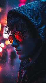 Neon-lit profile captures moody youth in rain-soaked night.