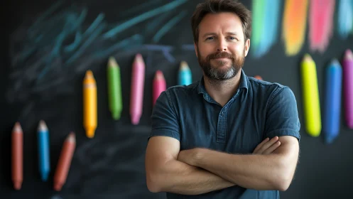Confident art educator before chalkboard with oversized crayons