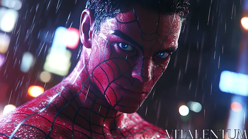 Intense superhero close-up in neon city rain at night.