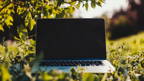 Sleek laptop resting in lush summer grass outdoors.