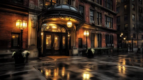 Grand hotel entrance glowing over rain-slicked city street.