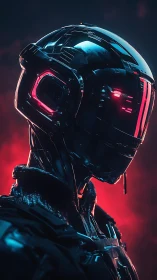 Specular cybernetic combat helmet under neon emissive backlight.