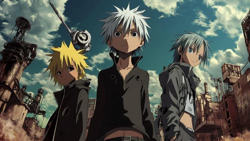 Brave anime trio wandering a rusted city of endless sky.