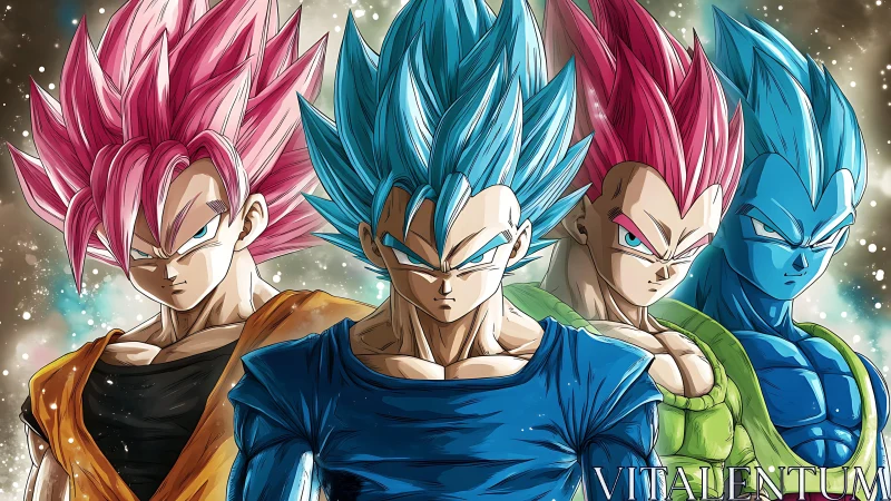 Stylized blue and pink haired warriors stand in formation