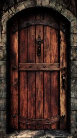 Weathered wooden medieval door set in rough stone archway