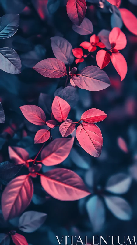 Bicolor foliage closeup with teal shadows and magenta highlights