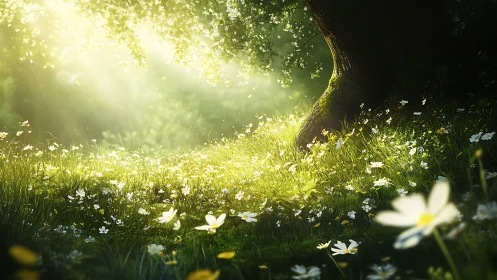 Sunlit wildflower meadow glows beneath ancient forest tree.