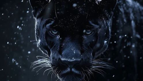 Black Panther Face in Snow: Intense Stare Through Winter.