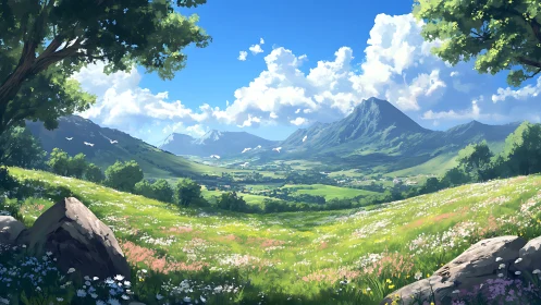 Sunlit alpine meadow opens toward distant green mountains