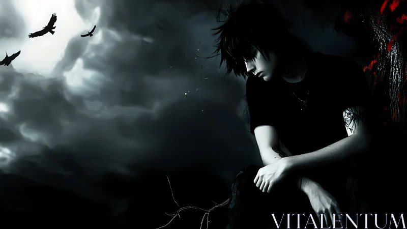 Melancholic boy under moonlit storm sky reflects alone.