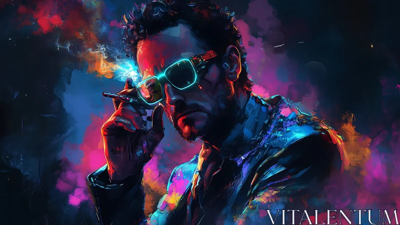 Male figure with neon glasses in colorful smoke field.