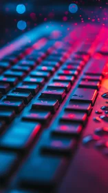 Low-angle RGB keyboard close-up in neon bokeh field.