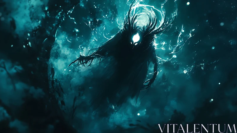 Dark spectral entity floating in glowing teal mist.