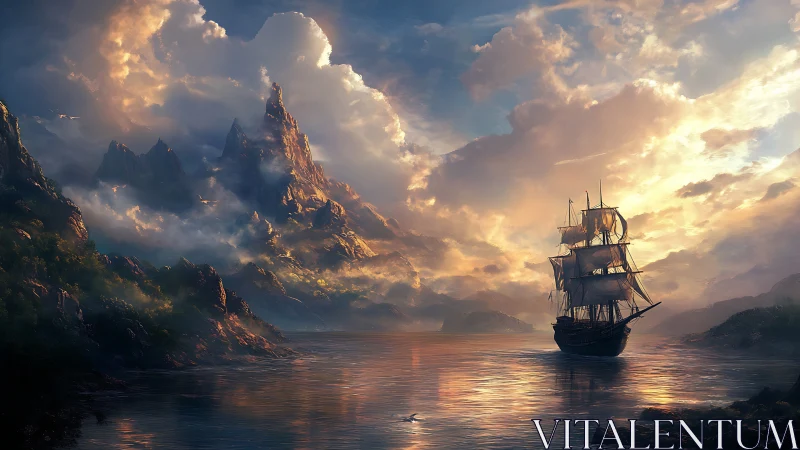 Tall ship under dramatic sky near steep coastal mountains.