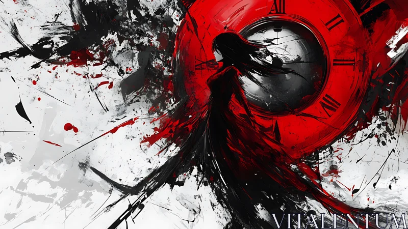 Crimson clock silhouette with abstract time-swept strokes.