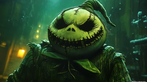 Grotesque pumpkin scarecrow grins in eerie neon rain alley
