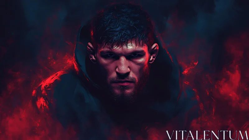 Intense hooded fighter portrait in red and blue smoke.