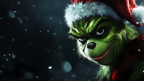 Green furry Christmas trickster in red Santa hat close-up