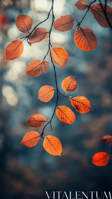 Shallow-depth autumn branch isolates orange leaves against cool bokeh