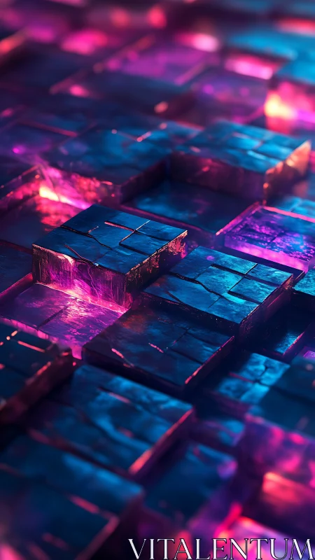Neon-illuminated metallic cubes in dynamic cyber grid.