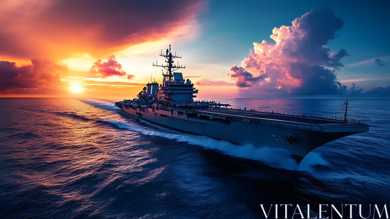 Aircraft carrier moves through open ocean under vivid sunset