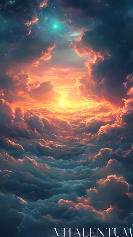 Celestial storm clouds unveiling a radiant cosmic sunrise.