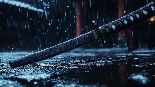 Stormlit katana resting on wet cobblestones at night.