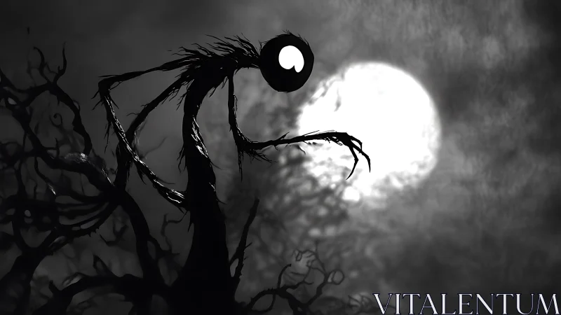 Silhouetted elongated figure before full moon in misty sky.