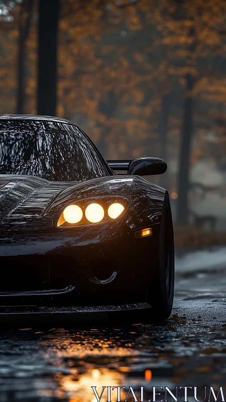 Midnight coupe prowls a rain-slick forest road at dusk