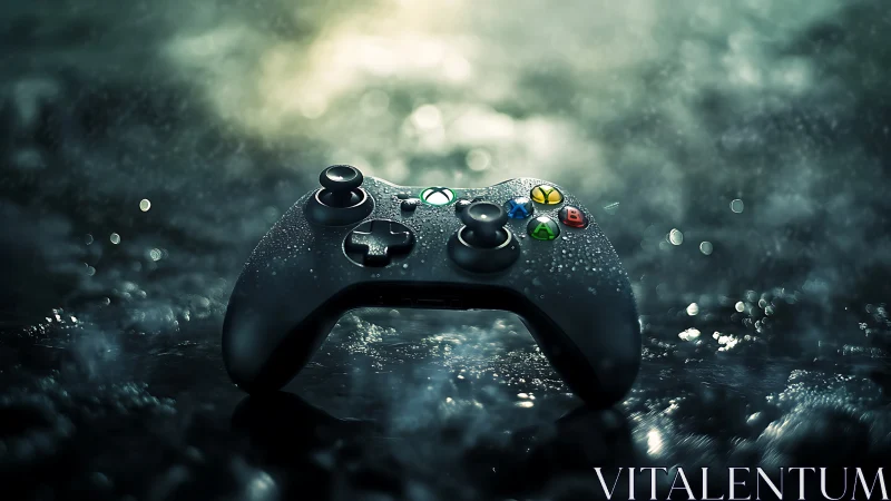 Weathered Gaming Controller Submerged in Atmospheric Water Droplets.