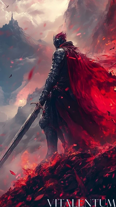 Armored figure with sword on volcanic ridge in red light.