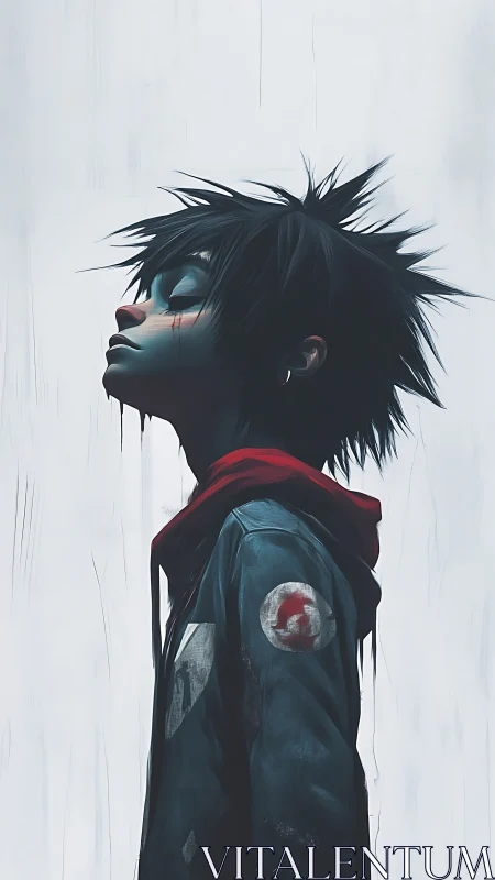 Spiky haired youth in profile wearing red hooded jacket.