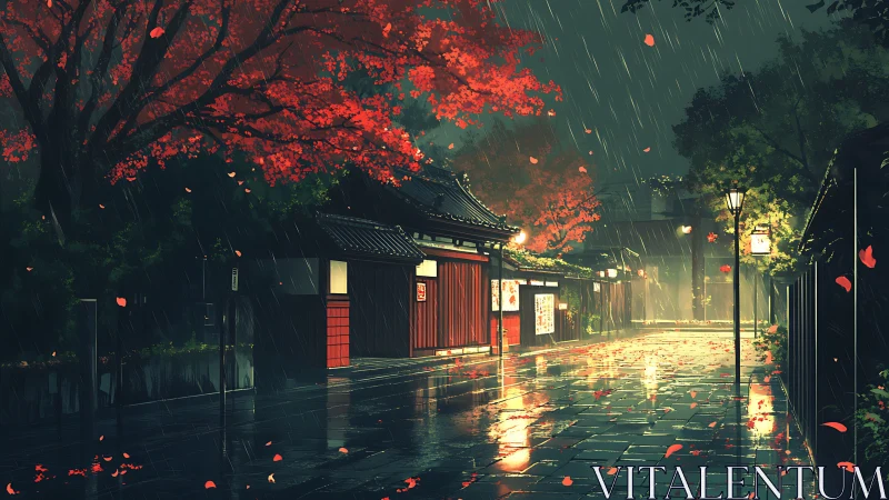 Rainy Kyoto street glows beneath crimson autumn maples at dusk.