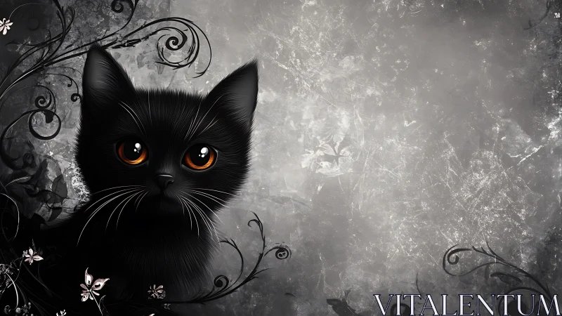 Black Cat with Glowing Eyes Amid Ornate Flourishes.