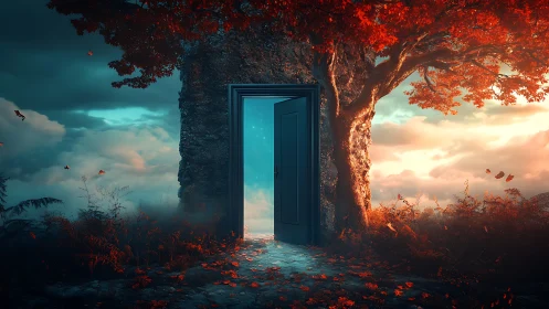 Open doorway embedded in tree amid clouded landscape.