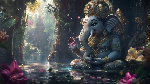 Divine Ganesha statue sits beside reflective jungle river shrine